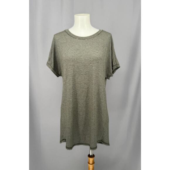 ModCloth Tunic Womens Medium Gray White Striped Short Sleeve Stretch Lagenlook - Picture 1 of 9